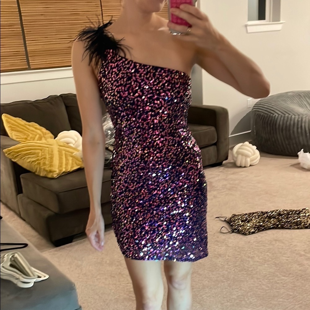 Purple and Pink Asymmetrical Sequin Cocktail Dress
